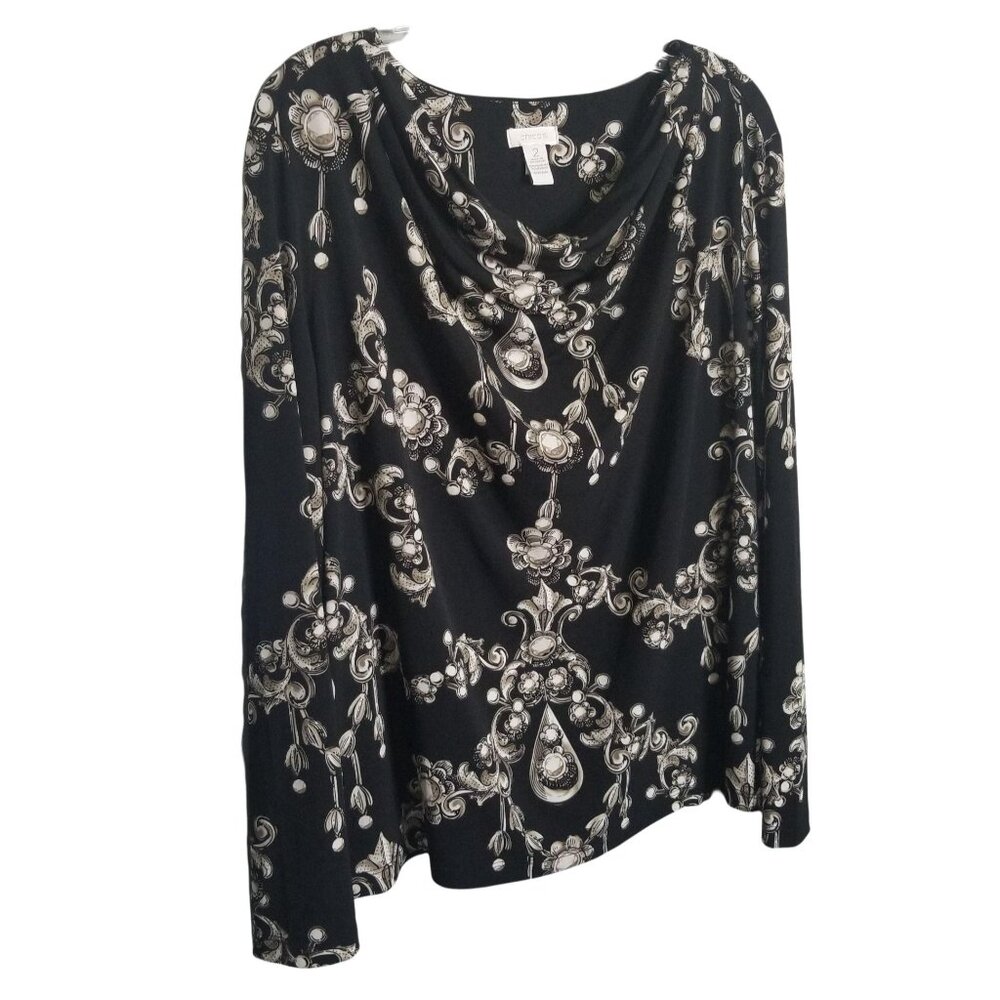 Chico's 2 Size L Blouse Draped Cowl Floral Jewel Print Stretch Pullover Shirt